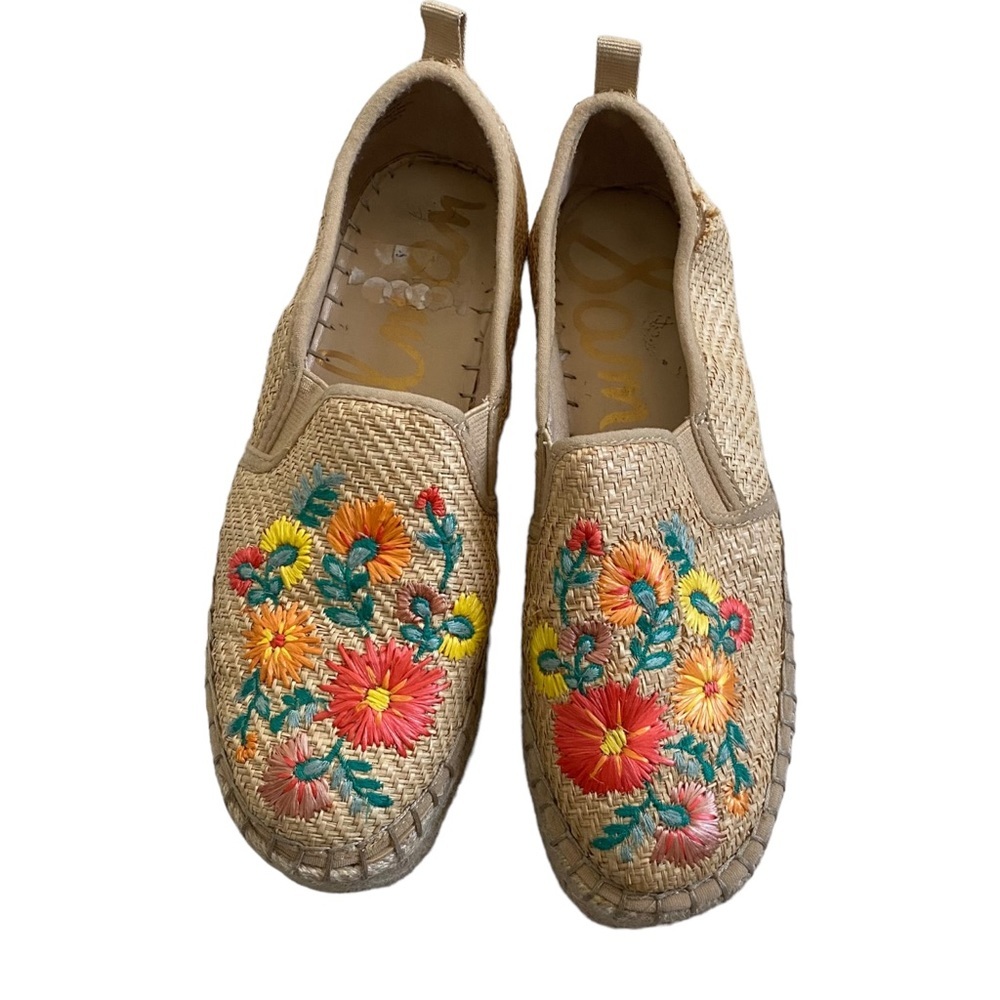 Sam Edelman Carrin 3 espadrilles raffia floral embroidery US8 beige multicolor